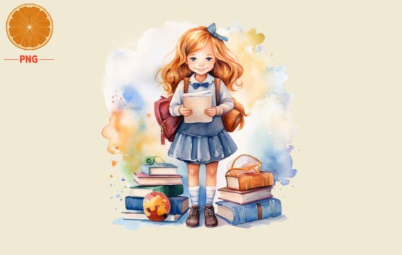 Back to School Book with Girl Watercolor: High-Resolution Digital Design for Creative Projects