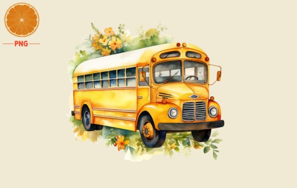 Back to School Bus Watercolor Clipart 2: High-Resolution Digital Art for Creative Educators & Crafters
