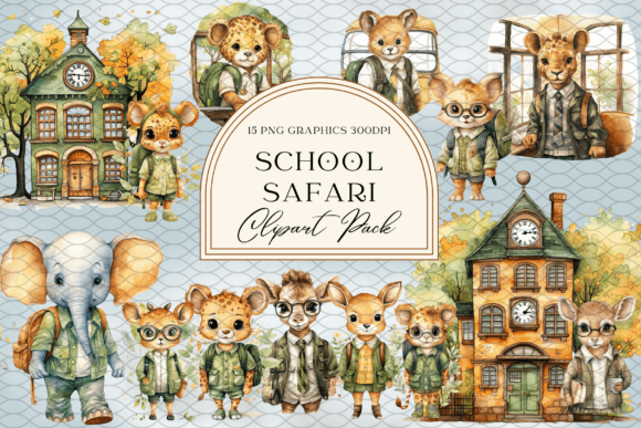 Watercolor Back to School Safari Animals