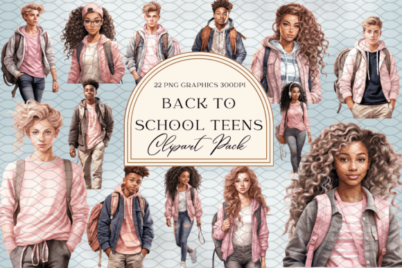 Watercolor Back to School Teens in Pink