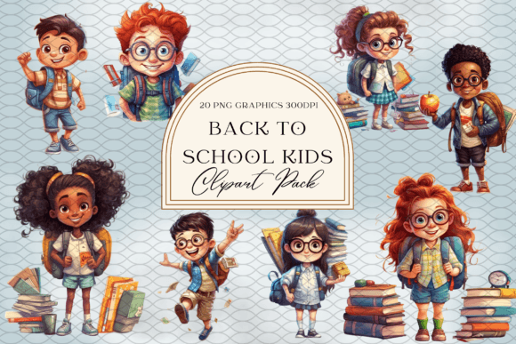Watercolor Cartoon Back to School Kids